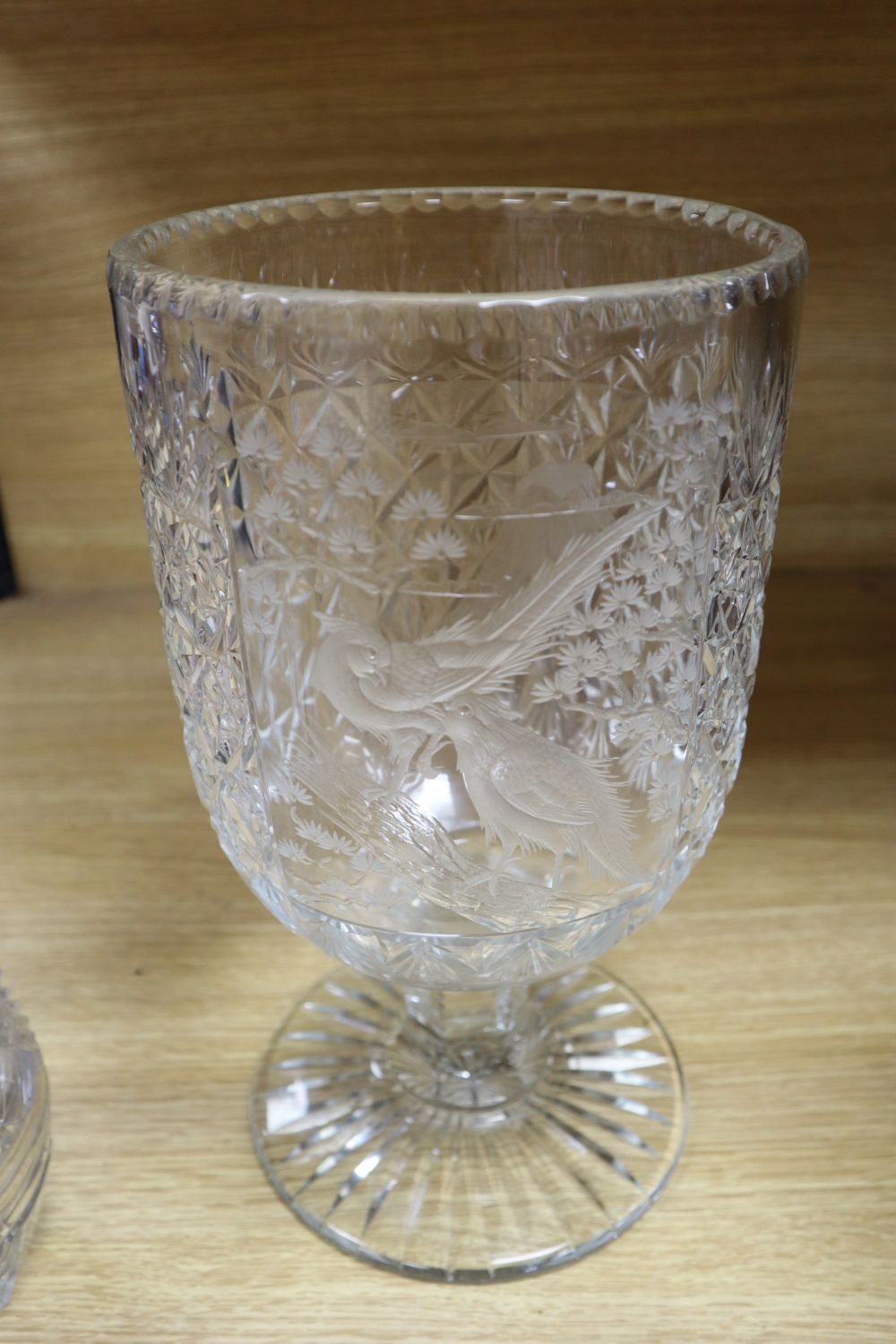 Five items of glassware, including a large goblet-shaped footed vase, possibly by Thomas Webb,